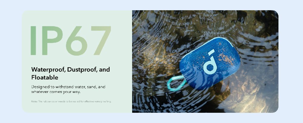 Product submerged in water demonstrating IP67 waterproof, dustproof, and floatable features against a blue and white background.